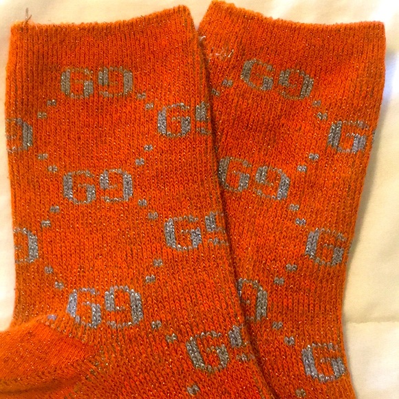 Gucci Sparkly Shiny Women's Socks - Mid Calf, Orange with Silver Sparkles - Picture 4 of 7